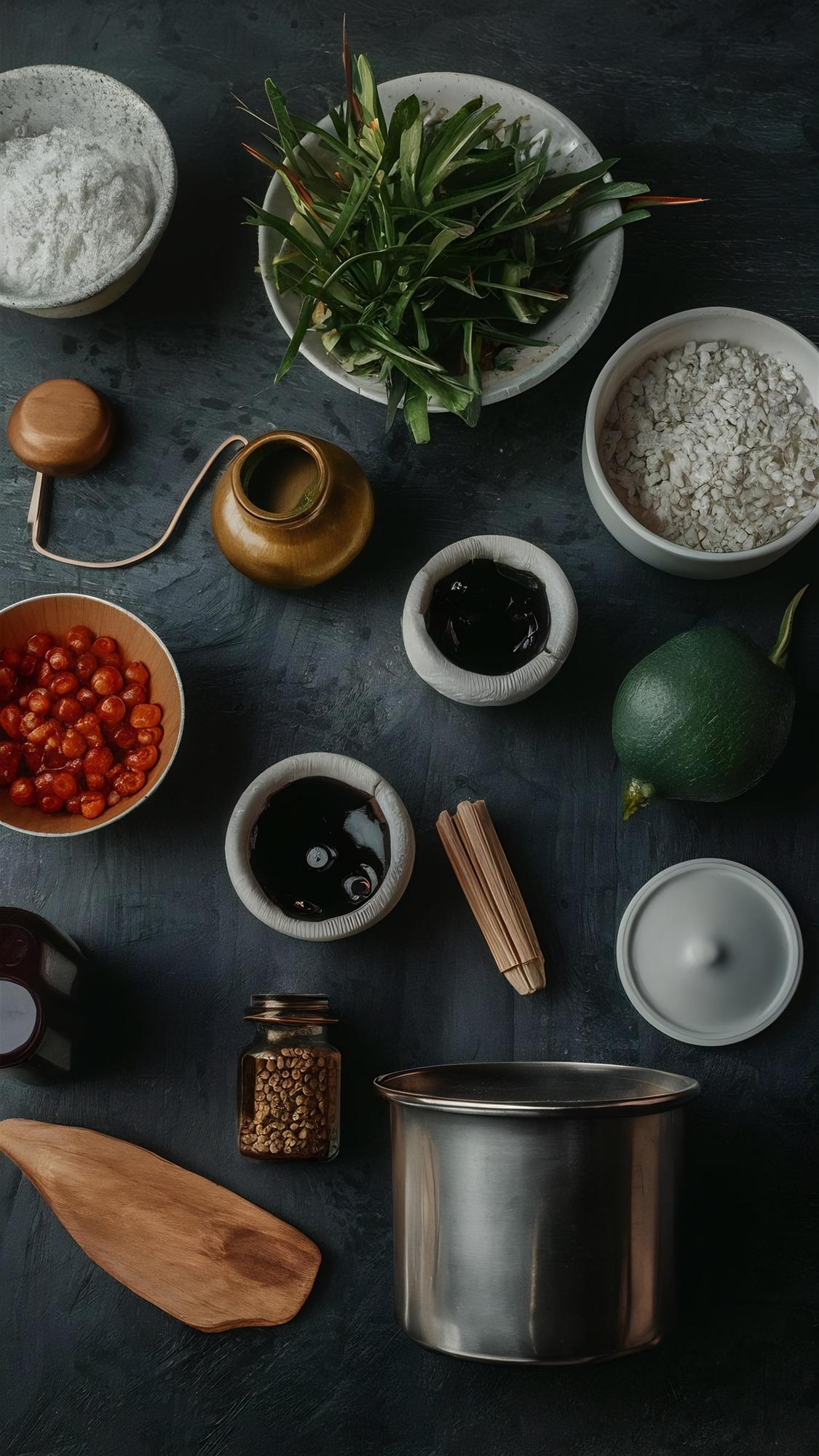 Studio kitchen workspace with utensils and herbs