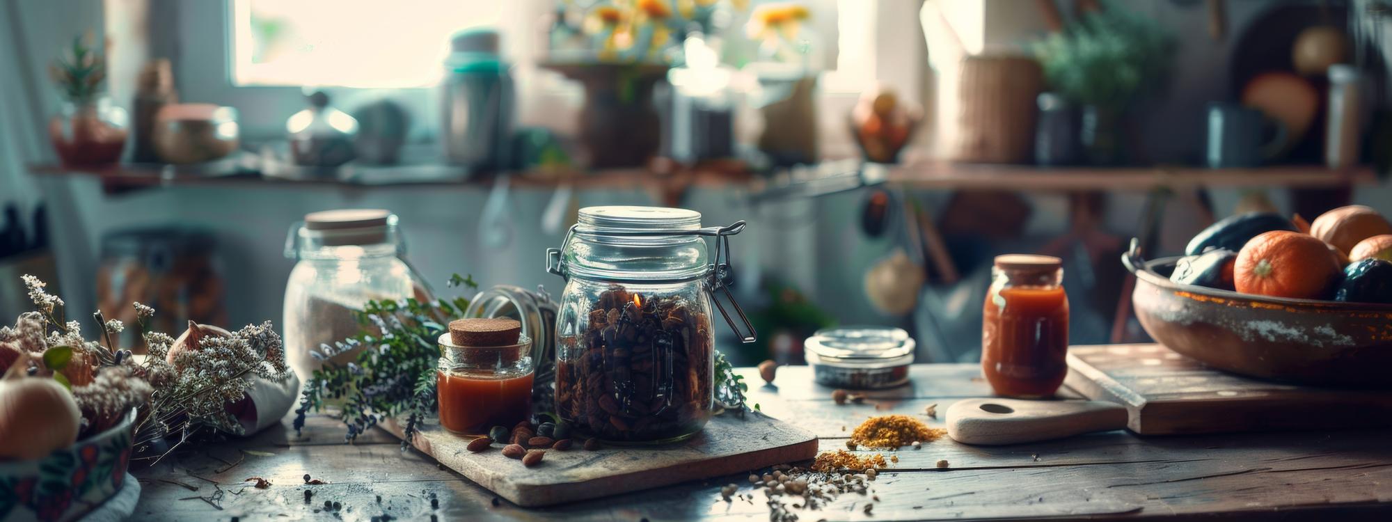 Workshop table with jars, herbs and notes